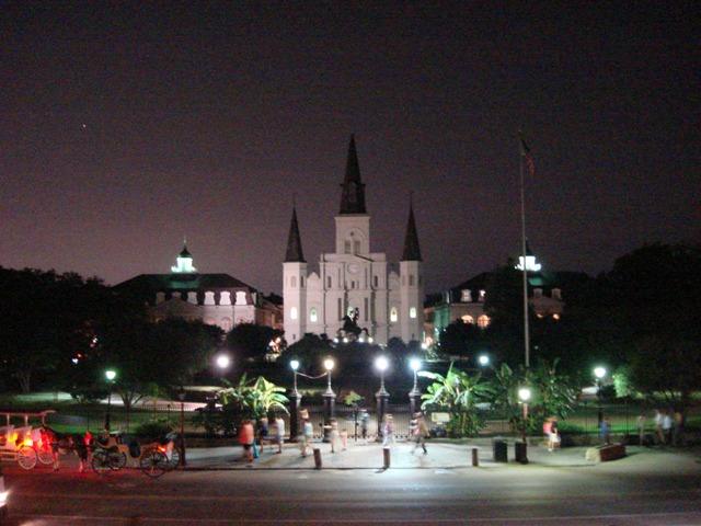 Looking across Decatur at Jackson Square and St. Louis Cathedral